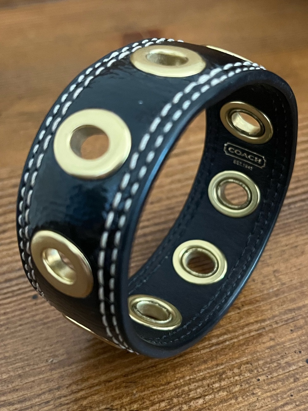 Vintage COACH Black Patent Leather Bangle Bracelet with Gold Grommets